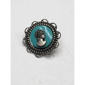 Vintage Turquoise Style Cameo Brooch Silver Tone Filigree 1 Inch
